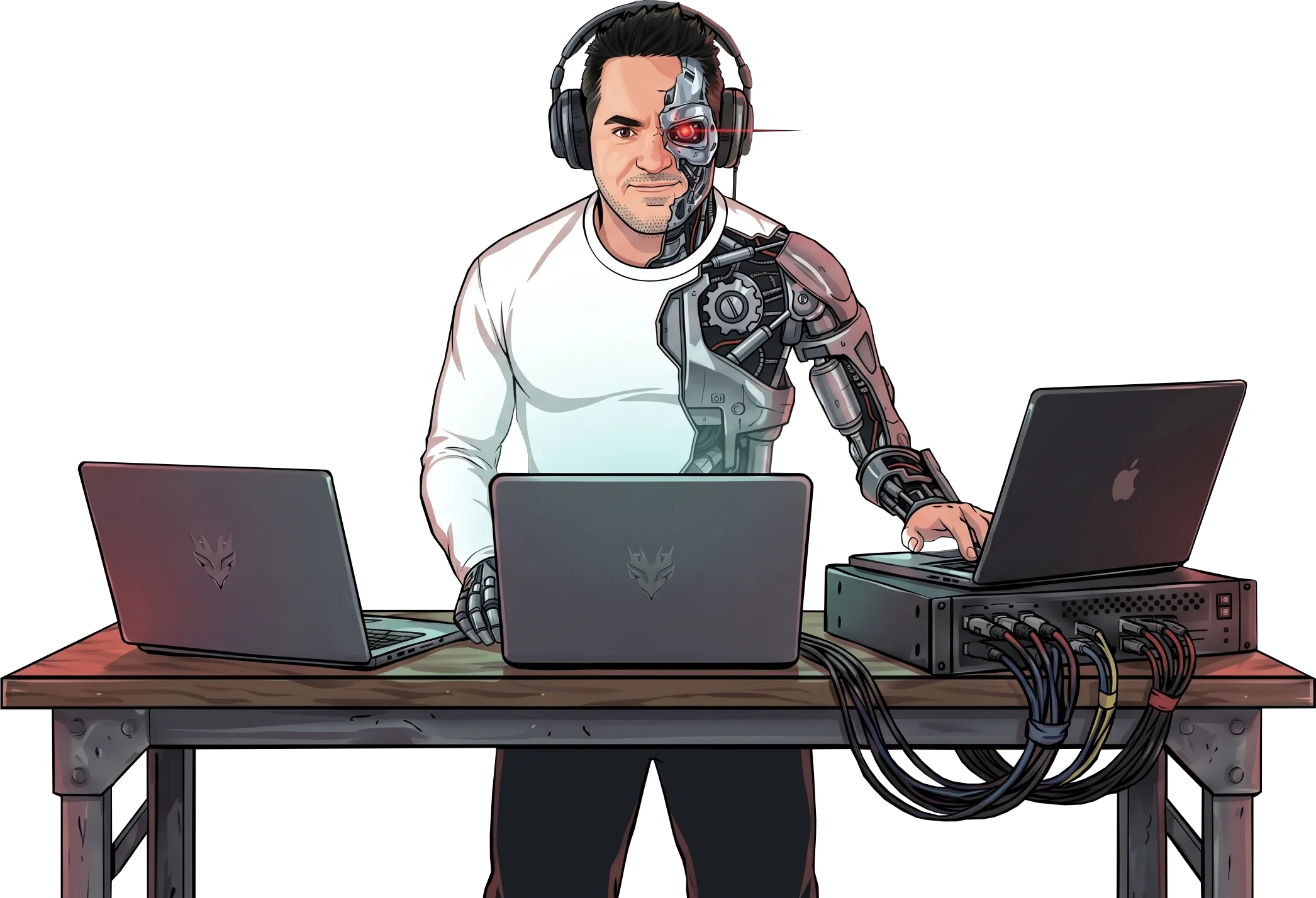 BitPhr3ak, half-human half-machine, standing at a wall of speakers behind his laptops.